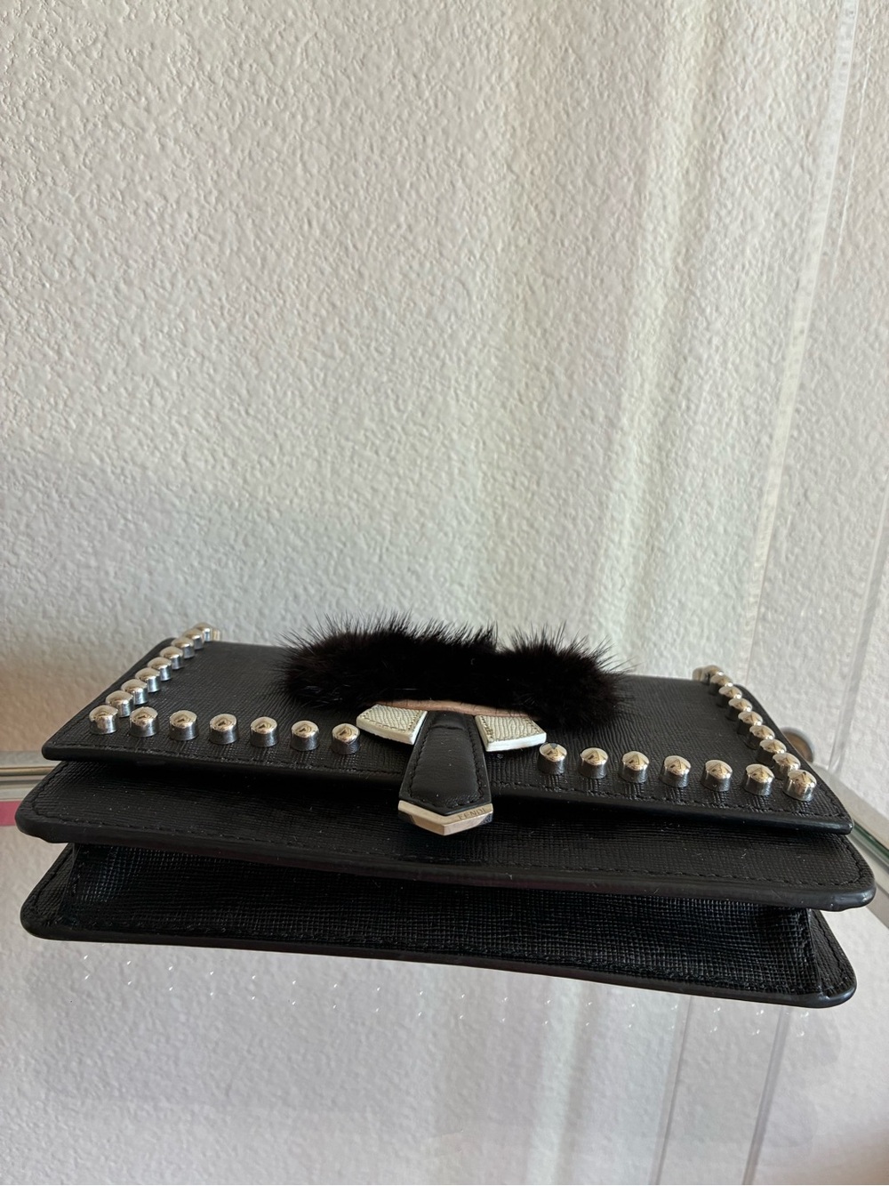 Fendi Karlito Studded Wallet on Chain / Clutch with Black Fur - Picture 5 of 16